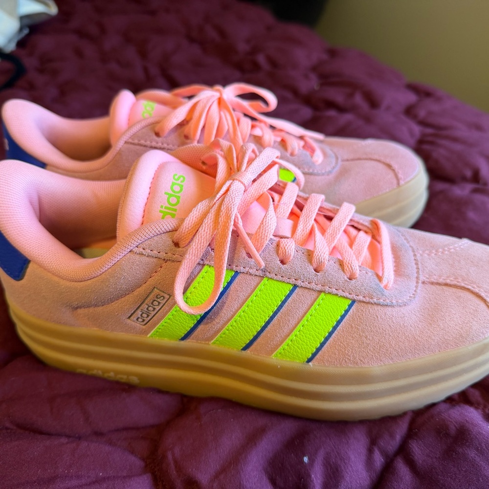 Adidas Women's Pink Suede Platform Sneaker with Neon Lime Stripes